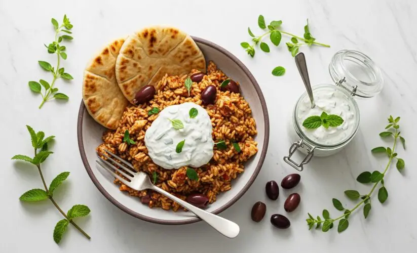 Dump-and-Bake Chicken Tzatziki with Rice: A One-Pan Mediterranean Feast